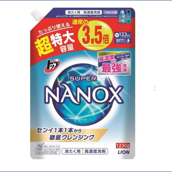 (激安低至7折) 日本製 超強洗淨力 Lion Super Nanox 納米樂 超濃縮抗菌洗衣液 特大補充裝 1230g KZ